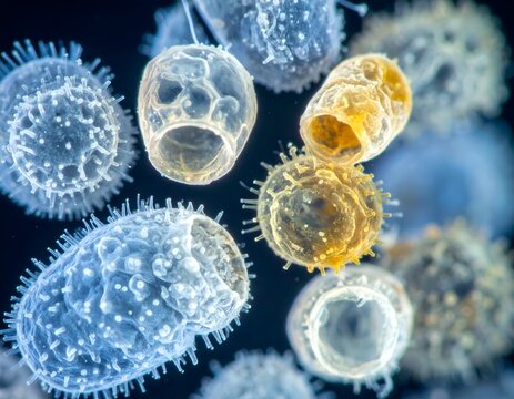 Granos de polen con texturas microsc&oacute;picas detalladas sobre fondo oscuro