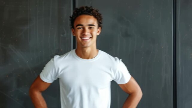 Confident young man smiling at camera in bright casual shirt against dark background