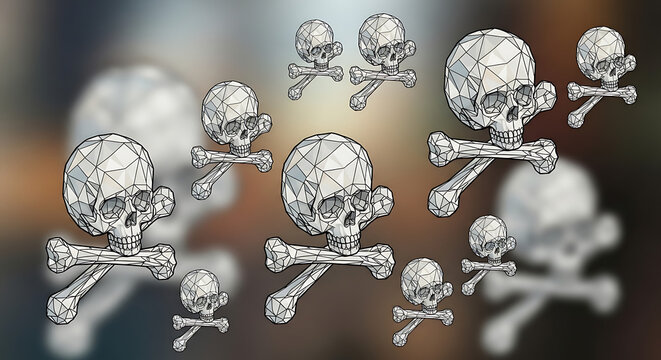 Collection of stylized skull and crossbones icons in varying sizes scattered on a blurred background, representing danger or warning
