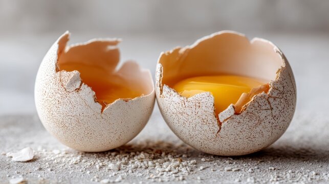Fresh Cracked Eggshell Halves with Bright Yellow Yolk on Kitchen Surface