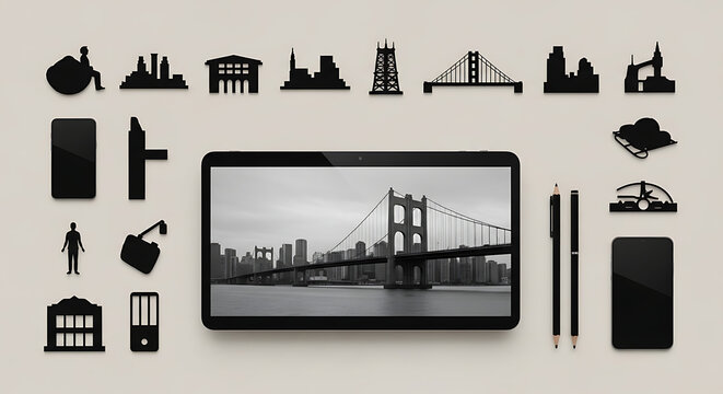 Collection of urban landmarks and cityscapes including a bridge, skyscrapers, and architectural elements with digital devices and stationery, graphic representation of urban planning and modern cities