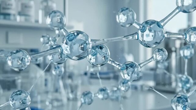 Liquid water molecules linked in a precise H2O structure, translucent spheres and delicate bonds floating on a clean scientific backdrop, crisp cool tones, refined laboratory atmosphere,
