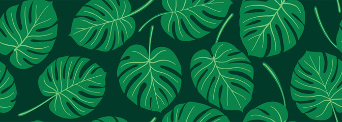Modern seamless pattern with trendy tropical palm monstera leaves on green background. Suitable for backgrounds, wallpapers, textiles, prints © Hulinska Yevheniia