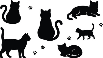 Six black cat silhouettes in different poses with paw prints on white background vector graphic illustration © THANKYOU
