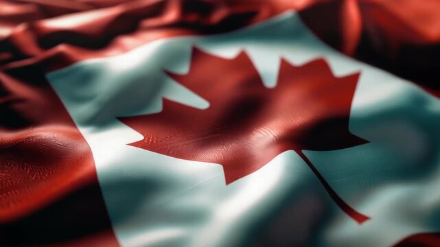 Canadian flag billows gently in soft, natural light. Red and white fabric shows realistic texture and movement. Central maple leaf stands out with sharp, clean edges