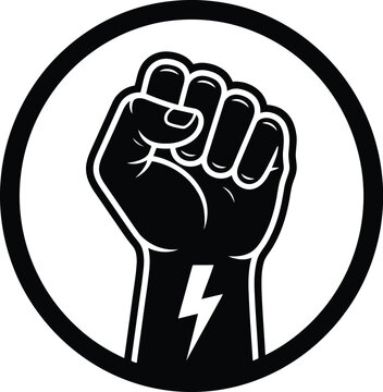 Vector graphic illustration of a raised fist with a lightning bolt in a circle design