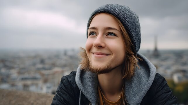 A young person gazes with genuine contentment over a vast sprawling urban cityscape under an overcast sky