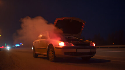 Fototapeta premium Broken Down Vehicle on Dark Roadside at Night with Hood Open and Smoke, Hazard Lights Flash, Emergency Situation on Empty Highway
