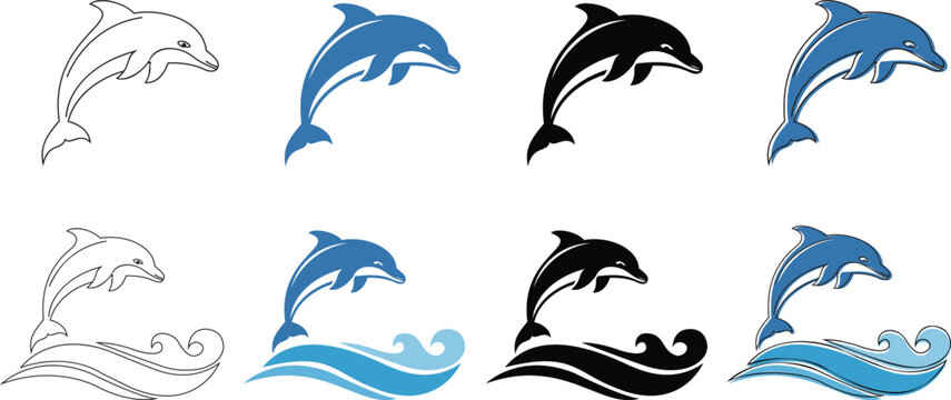 Dolphin icon set featuring jumping marine mammals with ocean wave symbols in blue and black styles. Aquatic animal silhouettes represent nature sea life and summer vacation. Vector illustration.