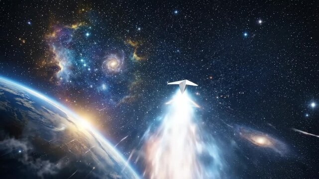 A curved upward arrow launching a paper plane into open space, smooth motion lines, balanced composition, symbol of ambition breakthrough and forward momentum, bright energetic atmosphere,