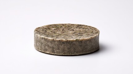 Fototapeta premium Round, flat object with rough texture, dark grayish-brown color, small green patches visible.