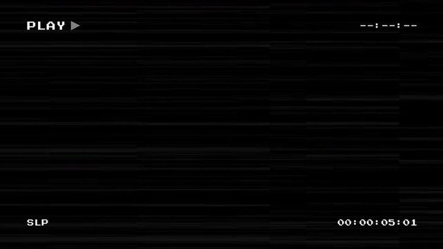 Vintage VHS play screen overlay with tracking defects analog signal glitches and timecode on black background for retro video editing effects and nostalgic film look