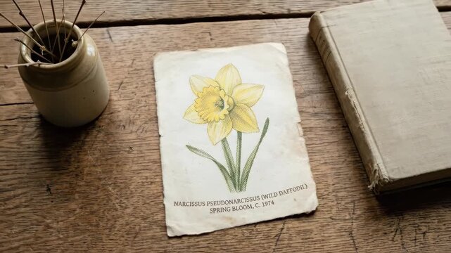 A halftone daffodil paper clipping with vintage risograph dots, soft spring yellow tones and a delicate nostalgic botanical mood, ultra-realistic, no logos.