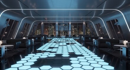 Naklejka premium Modern interior with geometric lighting and night city views
