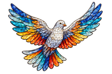 Fototapeta premium Artistic Stained Glass Style Flying Dove with Outstretched Wings Featuring Intricate Mosaic Patterns in Vibrant Blue Orange Red and Yellow Tones Against a White Background.