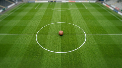 Fototapeta premium Professional soccer field with ball at center circle, green grass football pitch with white markings, empty sports stadium arena for competition