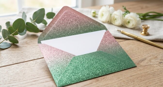 Glitter Envelope with White Card on Wooden Table for Wedding Invitation