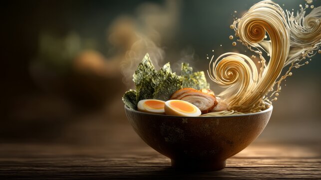 Delicious Ramen Bowl Lifted in Mid Motion with Noodles and Toppings