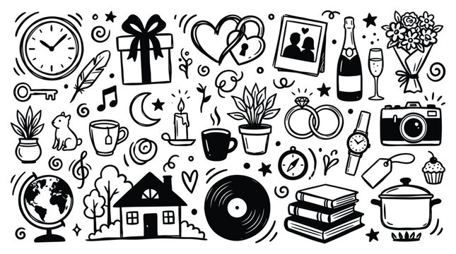 Anxiety awareness doodle illustration features various objects and symbols surrounding a house