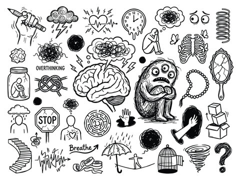 Doodle illustration of a worried cartoon character surrounded by various thought bubbles and objects representing emotions and overthinking