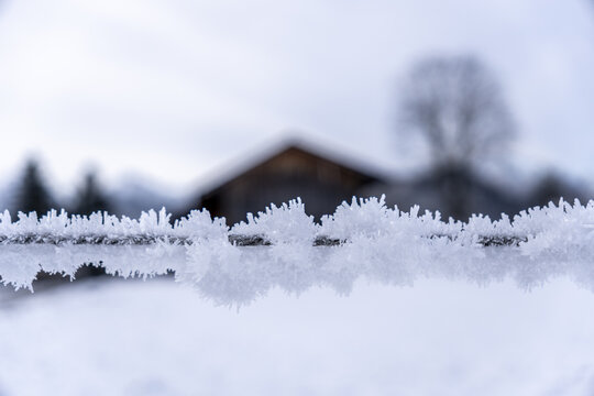 View of delicate frost crystals clinging to a wire against a blurred backdrop of a wooden house and bare trees in winter, Schwangau, Bavaria, Germany.