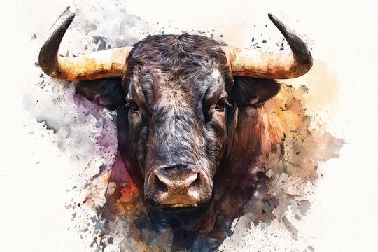 Unique Watercolor Portrait of a Dark Brown Bull Looking at the Viewer With Nature Colors and Splashes of Watercolors in High Resolution