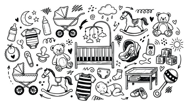 Baby shower doodle illustrations of nursery items and toys for celebration