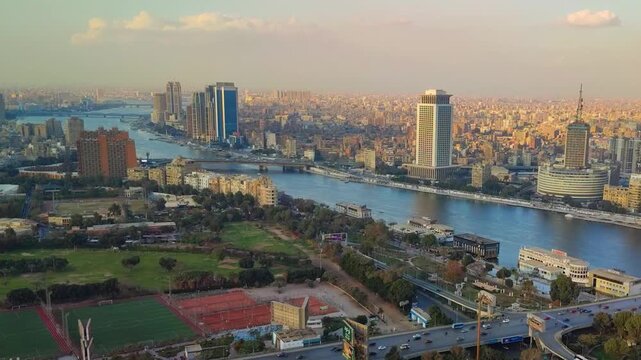 Panorama of Cairo cityscape taken during the sunset from the famous Cairo tower, Cairo, Egypt