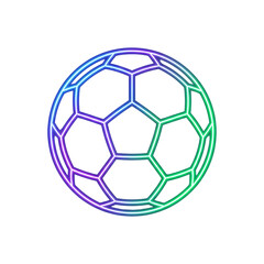 Naklejka premium Neon gradient soccer ball icon, vibrant blue and purple football outline, modern sports equipment graphic on white background, minimalist athletic logo
