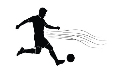 Obraz premium A dynamic depiction of a soccer player in full stride kicking a ball with energy and motion presented as a silhouette high quality professional