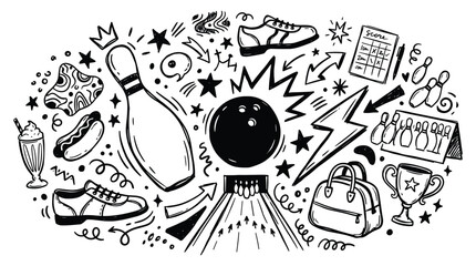 Obraz premium A vibrant illustration showcases various bowling themed doodle elements and objects in a creative arrangement.