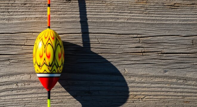 Yellow fishing float on wood background with shadow