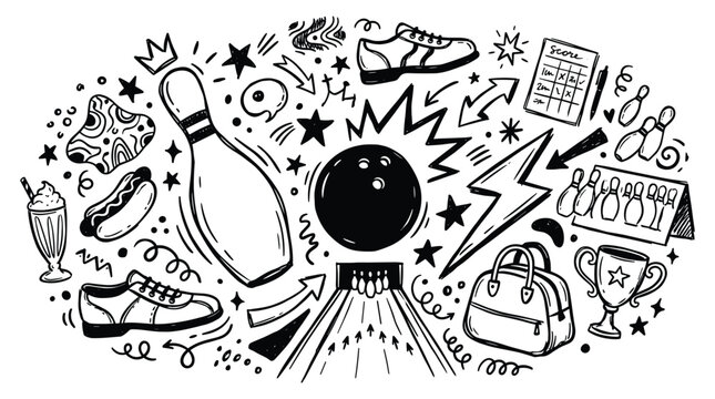 A vibrant illustration showcases various bowling themed doodle elements and objects in a creative arrangement.