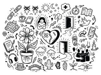 A colorful doodle illustration depicts various objects, symbols, and icons surrounding a heart and flower, showcasing a creative and playful scene. © Hutagalung