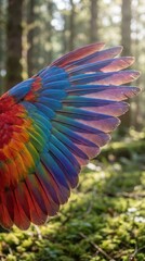 Obraz premium A vibrant bird's wing spreads wide in a sunlit forest, showcasing its stunning multicolored feathers.
