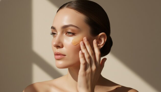 Beautiful woman applying serum to glowing radiant skin