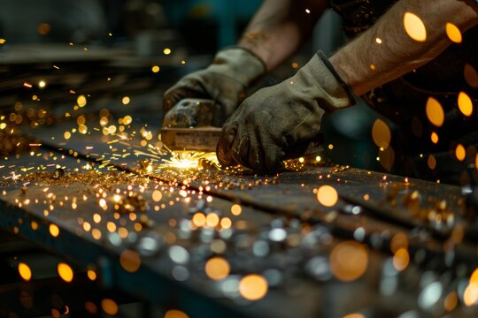 Workers hands in protective gloves operating electric saw on metal surface, creating sparks