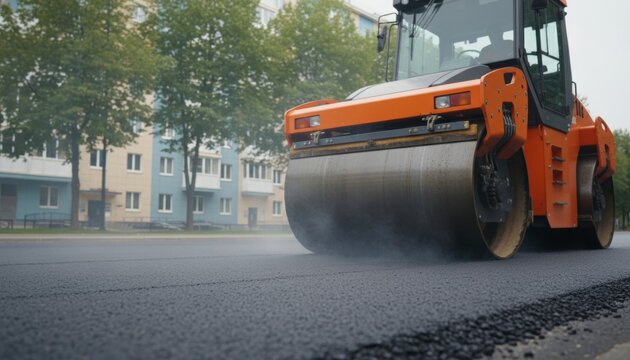Orange road roller paving fresh asphalt on a city street