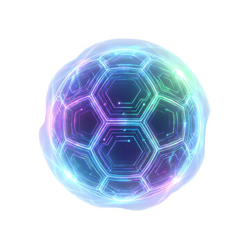 Futuristic soccer ball with glowing neon circuits, digital sports technology sphere, high-tech football with blue and purple energy effects on white background