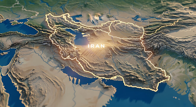 Satellite view of iran with illuminated borders and terrain, middle east