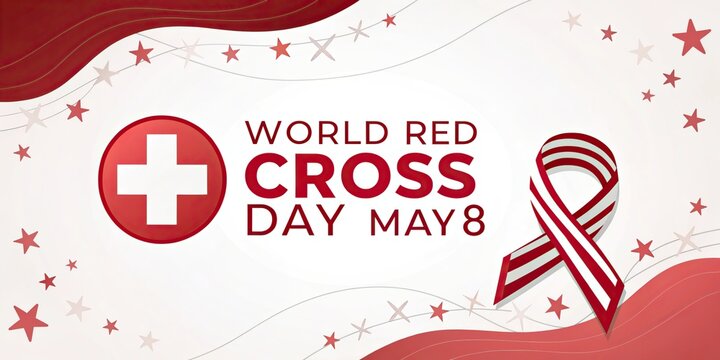 World Red Cross Day banner with medical symbol abstract red waves background