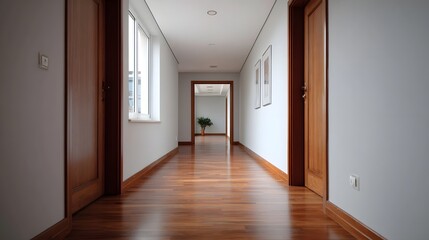 Fototapeta premium A sunlit modern interior hallway featuring polished hardwood floors and natural light streaming through a tall window