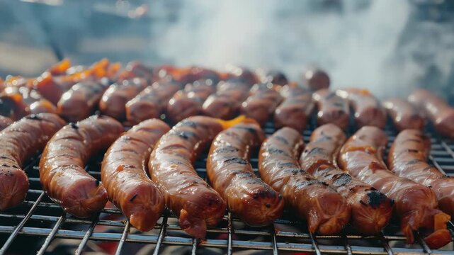 Grilled food is popular for barbecues and picnics. This shows a pile of juicy sausage links sizzling on an electric grill outdoors.