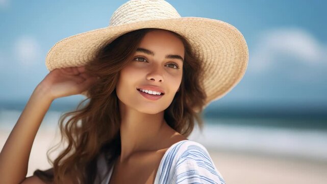 Woman wearing straw hat and beachwear posing on the shore.