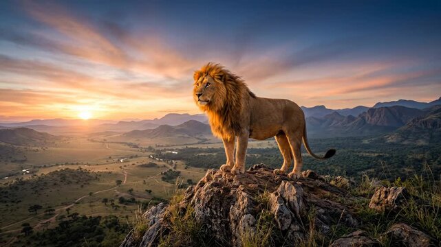 Majestic Lion Stands Proudly on Rocky Outcrop at Sunrise.