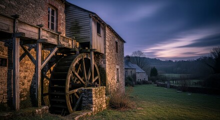 Fototapeta premium Rustic Watermill Building at Twilight with Copy Space