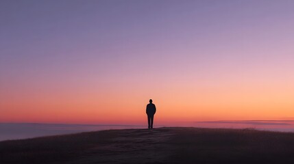 Lone figure silhouetted against a vast colorful sunrise sky from the crest of an open hill