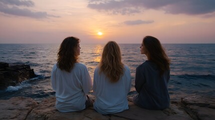 Fototapeta premium Three figures share a moment of peaceful reflection while watching the sun set over the expansive ocean horizon