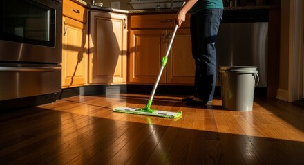 Fototapeta premium Person mopping hardwood floor in sunlit modern kitchen