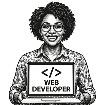 Happy web developer showing laptop with coding brackets and job title, sketch engraving raster illustration with scratchboard effect.